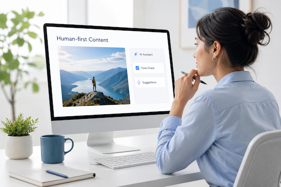 Human editor reviewing AI-assisted SEO content with a natural writing workflow