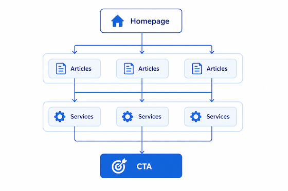 Internal linking map connecting homepage, articles, services and CTA pages