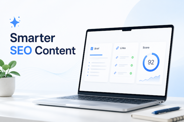 AI SEO content dashboard showing content brief, internal links and SEO score